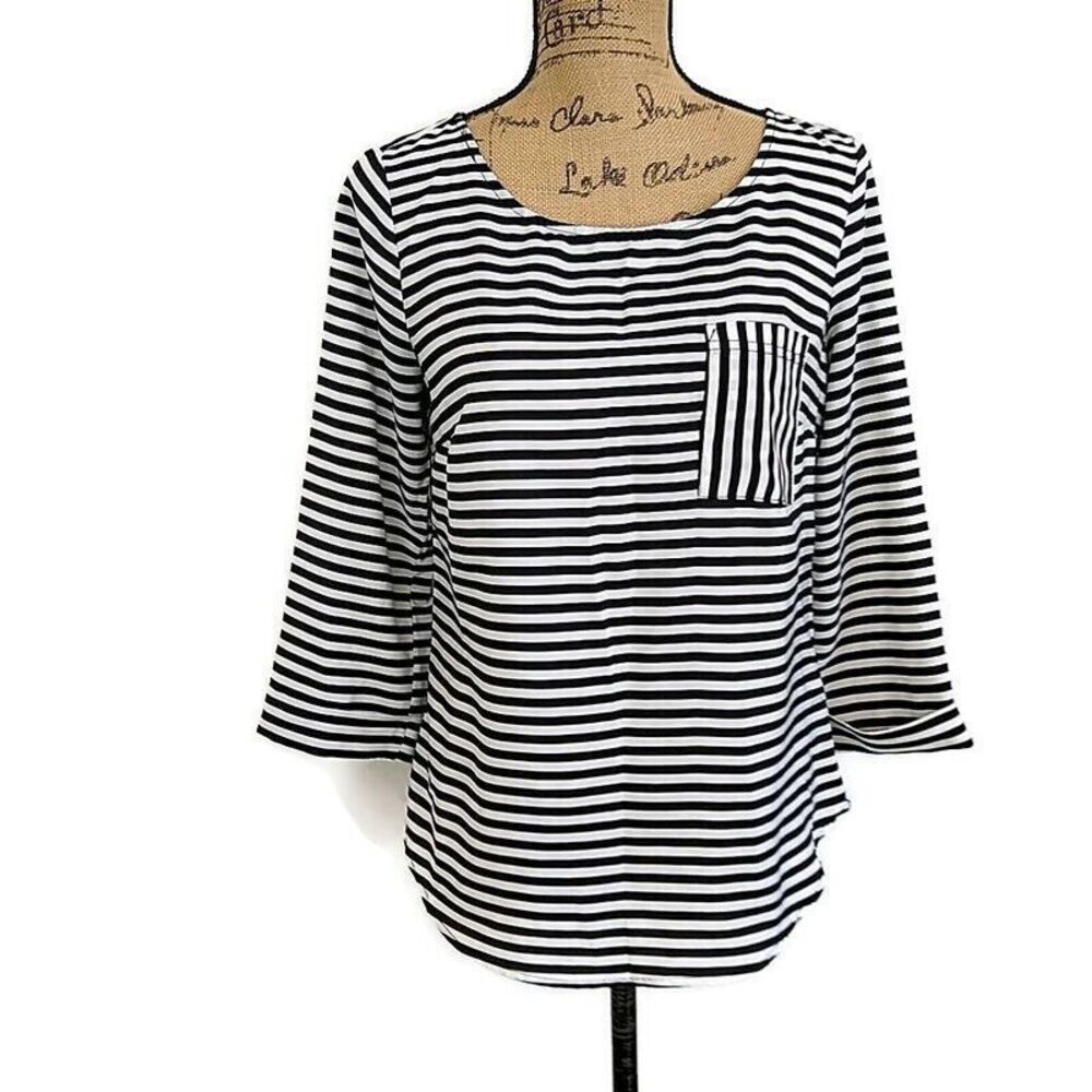 41 Hawthorne Womens sz S Top Black White Striped 3/4 Sleeve Blouse